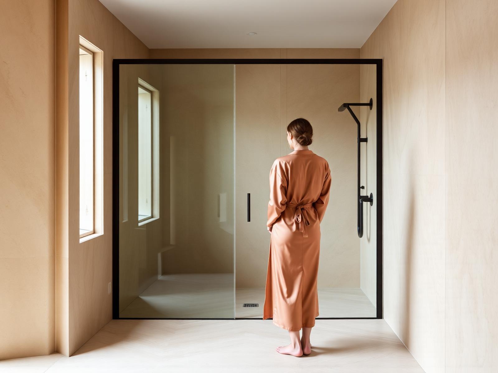 Woman in silk robe before a pristine glass shower